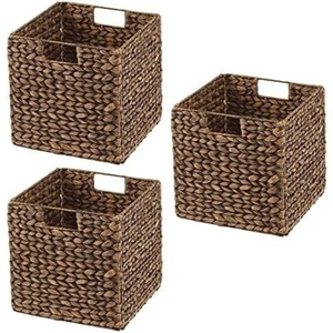 image:imagemDesign Natural Woven Hyacinth Cube Organizer Basket with Handles Storage for Bathroom Laundry Room Shelf or Nursery  Perfect for Cubby Storage Units  Hold Blankets and Books  3 Pack Brown Wash