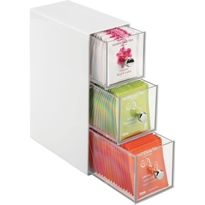 image:imagemDesign Plastic Kitchen Pantry Stackable Storage Organizer Container Station with 3 Drawers for Cabinet Countertop Holds Coffee Tea Sugar Packets Creamers  Lumiere Collection  WhiteClear