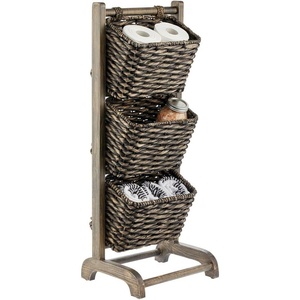 image:imagemDesign Water Hyacinth 3Tiered Storage Baskets Floor Stand with Market Basket Storage Bins  Vertical Standing Rack for Living Room Laundry Bedroom Bathroom Office Organization  BlackBlack Wash