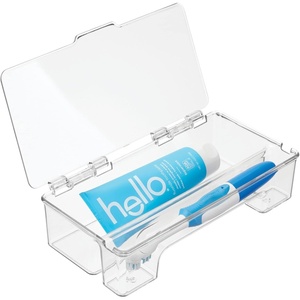 image:imagemDesign Plastic Toothbrush Holder Storage Organizer Bin for Bathroom Vanity Cabinet Closet Drawer  Holds Electric Toothbrush Toothpaste Dental Floss Teeth Whitening Strips  Hinged Lid  Clear