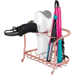 image:imagemDesign Hair Dryer and Flat Iron Holder  Ideal for Storage of Hair Dryer Hair Straightener Hair Brushes and More  Metal Hair Dryer Stand  Rose GoldRose Gold