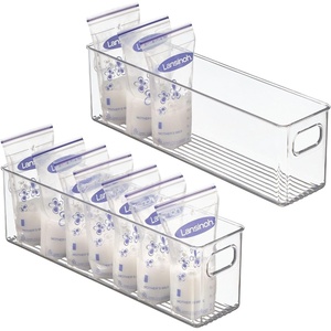 image:imagemDesign Plastic Long Stackable Storage Organizer Container Organization Bin wHandles for Kitchen Pantry Fridge Freezer Cabinet Perfect to Hold Breast Milk  Ligne Collection  2 Pack Clear