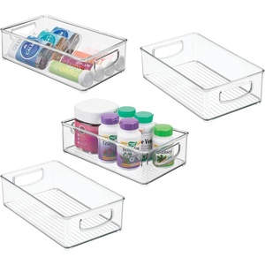 image:imagemDesign Plastic Storage Organizer Shallow Container Bin with Handles for Bathroom Kitchen Cabinet Pantry Home Organization  Holds Vitamins Supplements Makeup  Ligne Collection  4 Pack  Clear
