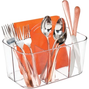 image:imagemDesign Plastic Cutlery Storage Organizer Caddy Bin Tote with Handle  Kitchen Cabinet Divided Pantry Basket for Forks Knives Spoons Napkins IndoorOutdoor Use Lumiere Collection ClearClear