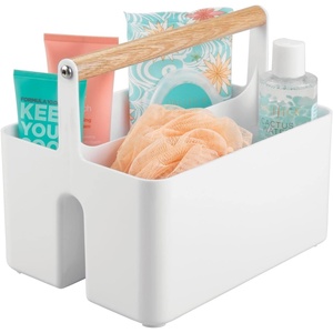 image:imagemDesign Plastic Portable Shower Caddy Divided Basket Bin Storage Organizer with Bamboo Handle for Bathroom Dorm Shelf amp Cabinet Holds Shampoo Conditioner  Aura Collection WhiteNaturalWhiteNatural